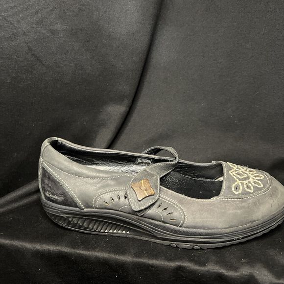 Skechers Shape Ups Sz 10 Gray-Black Suede Leather Embroidered Mary Jane Shoe 99Q - Picture 5 of 16